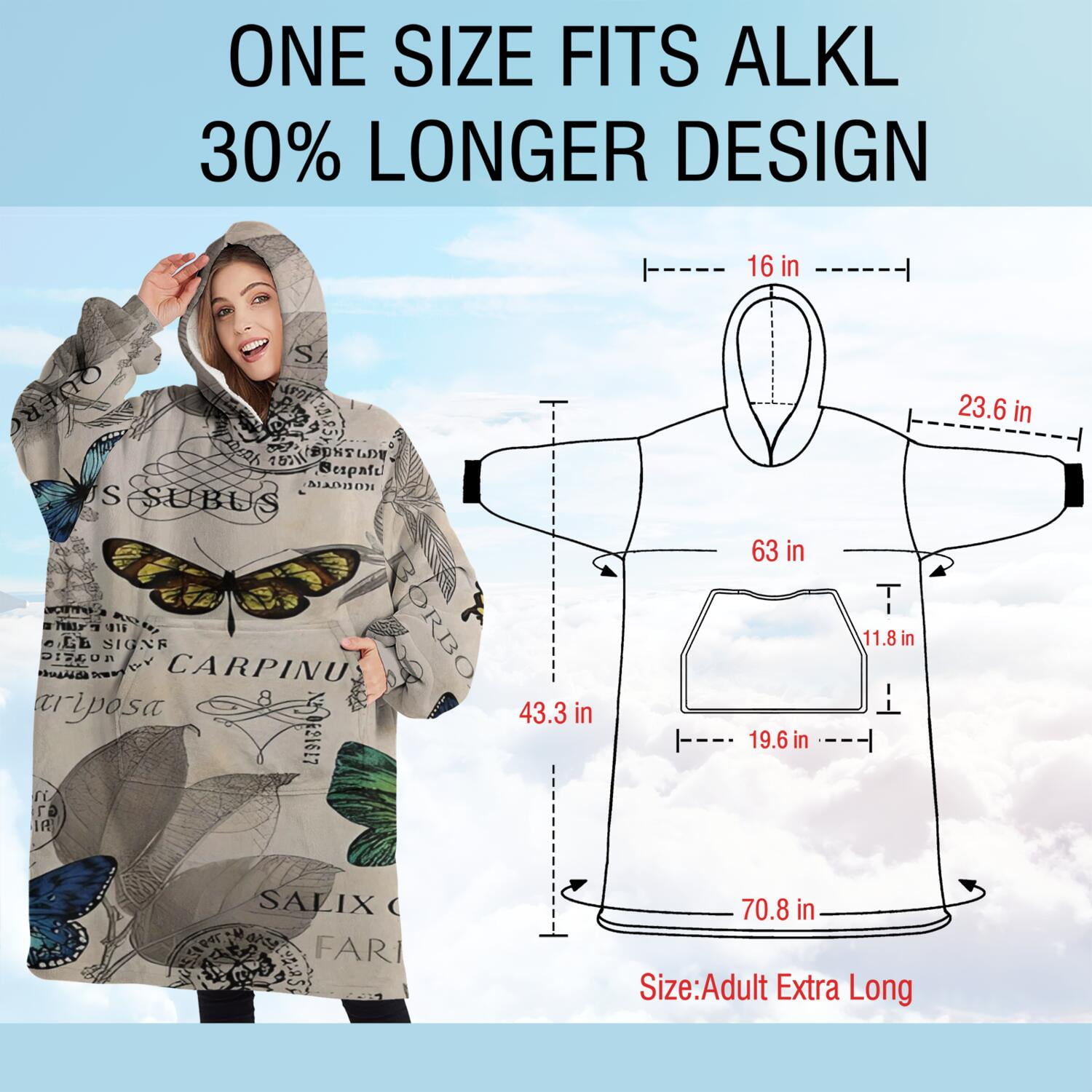 Oversized Wearable Blanket Hoodie,Butterfly Leaf Text Pattern Sherpa Blanket Hoodie with Super Pockets,Super Warm Fuzzy Pullover for Women & Men