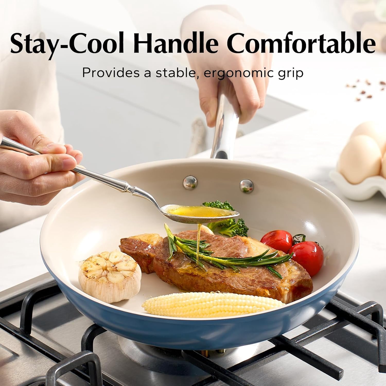 Ceramic Non-Stick Frying Pan with Cool Handle, All Stovetops, Dishwasher Safe, PFAS-Free