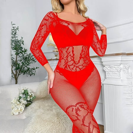 

Shiusina Women Fishnet Jumpsuit Longsleeve Camisole Lingerie Nightgowns Chemise Nightwear Sleepwear