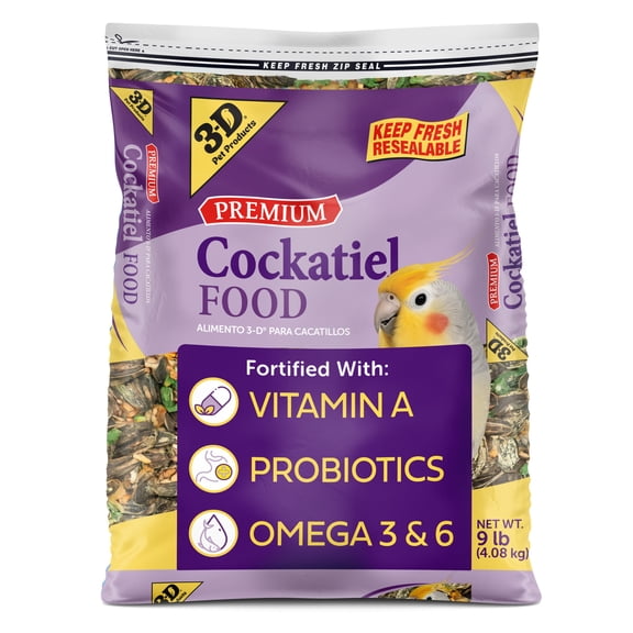 3-D Pet Products Premium Cockatiel Mix Bird Food Seeds, with Probiotics, 9 lb. Bag