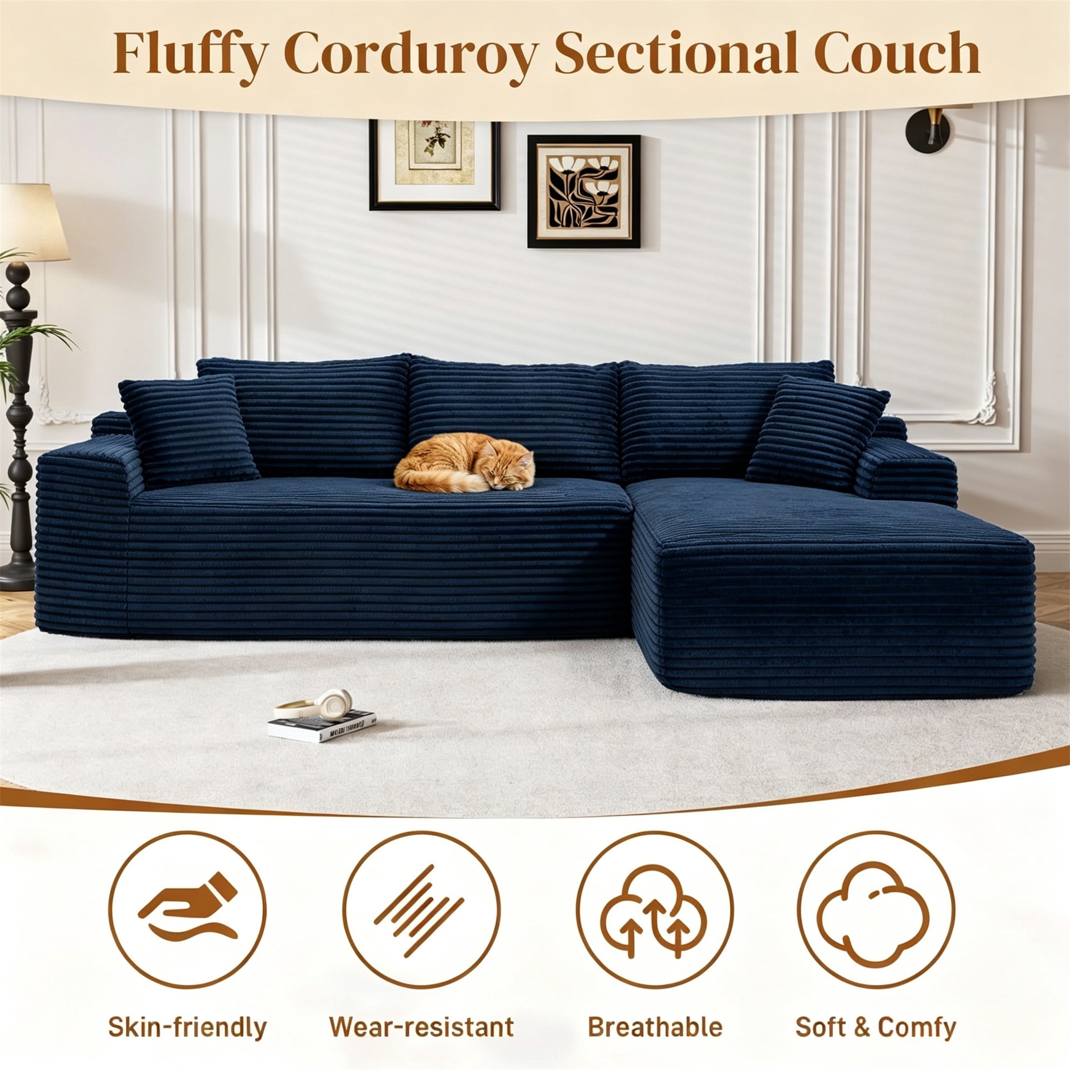 Aukfa 96" Cloud Sectional Sofa Deep Seat Boneless Couch Modular L-Shaped Couch, Right Chaise Corduroy Sofa for Living Room, Blue