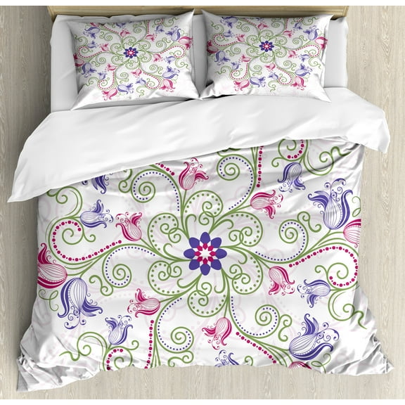 Mandala Duvet Cover Set, Round Flower Frame Design Classical Vintage Floral Art Ottoman Tulips, Decorative 3 Piece Bedding Set with 2 Pillow Shams, Calking Size, Purple White Green, by Ambesonne