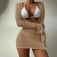 thumbnail image 3 of Jacenvly Summer Swimsuit Women Cover up 3 Piece Trendy Long Sleeve Solid with Cover up Surfing Swimwear Comfortable Three-Piece Suit Women Bandage Bikini Push-Up Padded Beachwear Set Khaki, 3 of 7