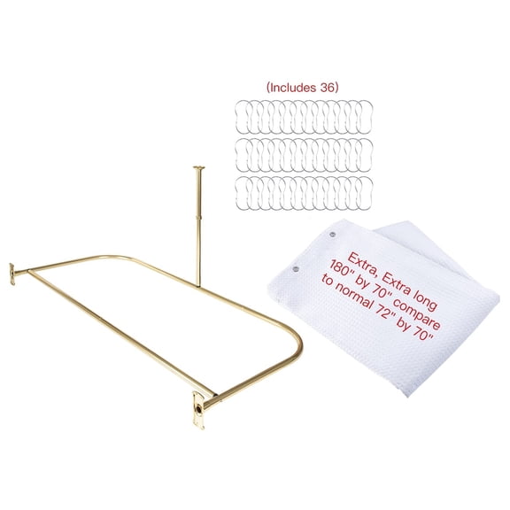 Utopia Alley Rustproof Wall Mounted Aluminum D-shape Shower Rod With Ceiling Support for Freestanding Tubs, 60 Inch Large Size by 25 Inch, Gold   White Shower Curtain 180x70inch