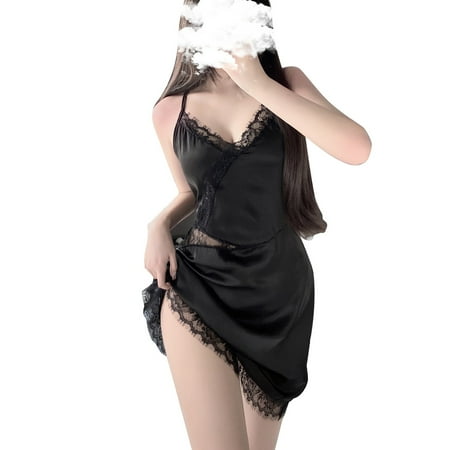 

adviicd Satin Nightgown Women s Self Knot Front Teddy Lingerie One Piece Floral Lace Bodysuit Babydoll Black L