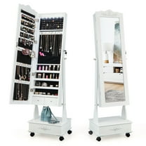 Gymax Rolling Jewelry Cabinet Armoire Full Length LED Mirror Lockable w/ Drawer White