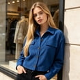 thumbnail image 6 of CBASIHI Womens Cropped Corduroy Jackets- Classic Collar Casual Vintage Lightweight Loose Fit Long Sleeve Button Down Shackets Blue Size L, 6 of 8