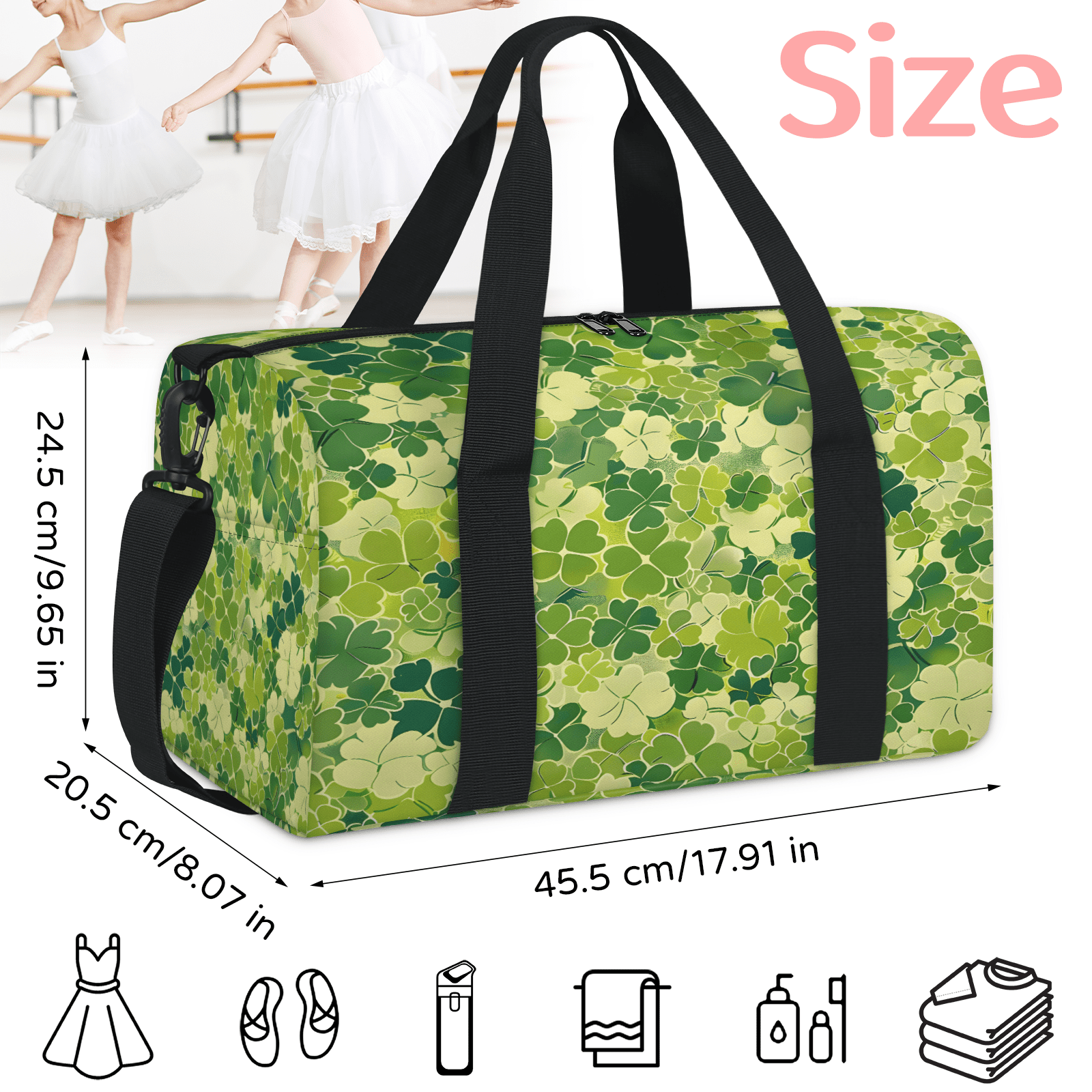 Herdesigns St. Patrick's Day Shamrock Clover Gym Bag for Women, Duffle Bag for Travel Sport, Lightweight Waterproof Carry on Weekender Overnight Dance Yoga Workout Bags