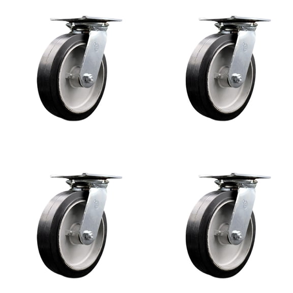 8 Inch Heavy Duty Rubber on Aluminum Caster Set with Roller Bearings Set of 4