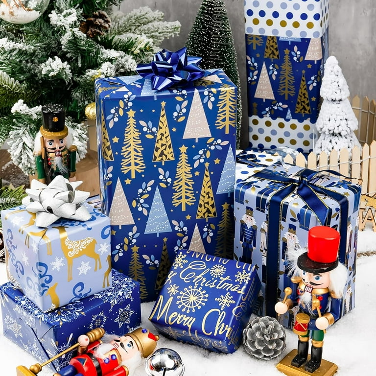 HOMERAL Christmas Wrapping Paper Roll - Deep Blue Gift Wrap with Nutcracker, Christmas Tree, Snowflake, Elk, Polka Dot, "Merry Christmas" - Perfect for Christmas - 17 X 120 Inch(3 Rolls)