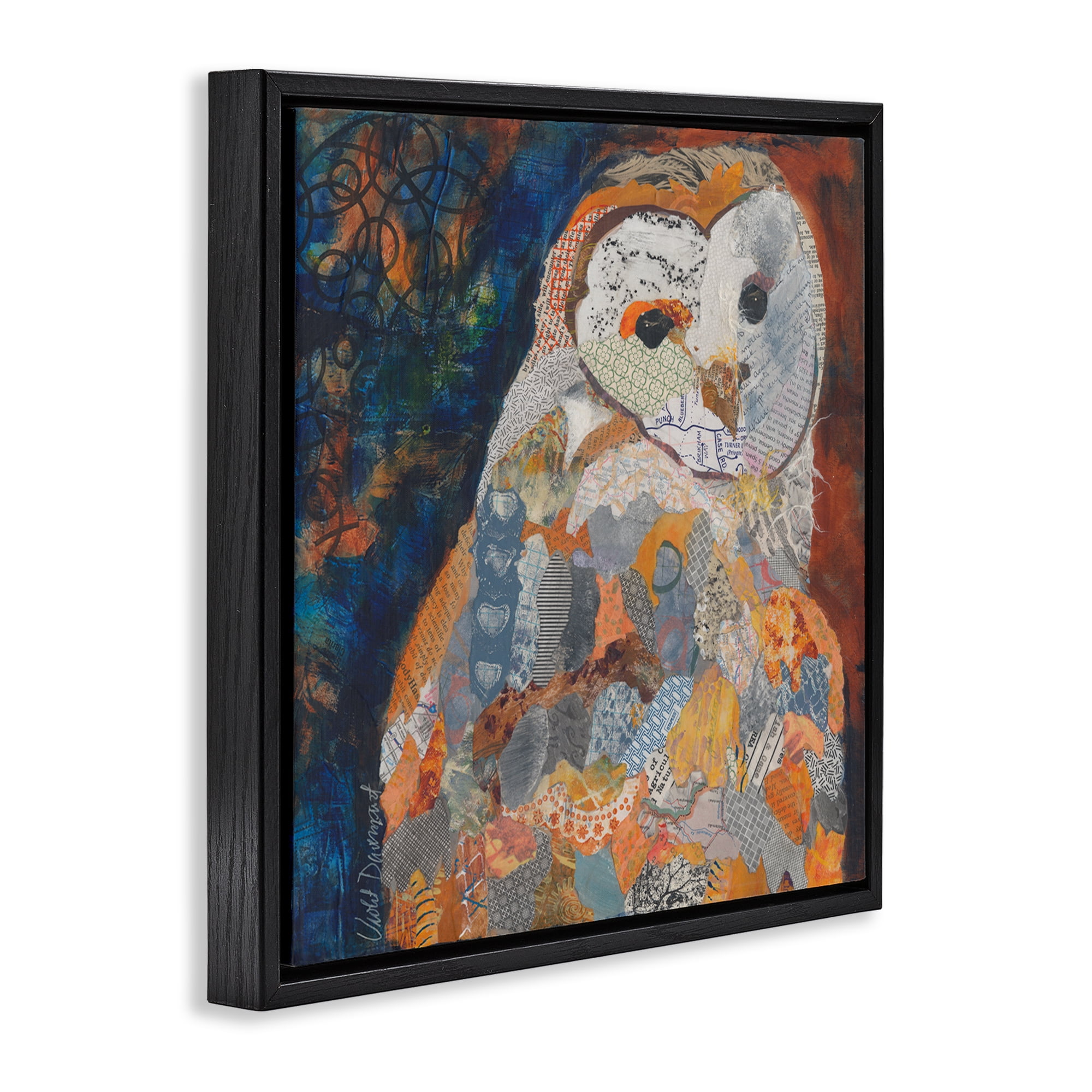 Stupell Industries Collage Patterned Owl Animals Painting Black Floater Framed Canvas Art Print Wall Art, 25 x 25