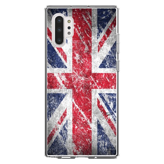 DistinctInk Clear Shockproof Hybrid Case for Galaxy Note 10 PLUS (6.8" Screen) - TPU Bumper, Acrylic Back, Tempered Glass Screen Protector - Red White Blue British Flag Weathered - the UK