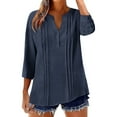 thumbnail image 3 of QIUOMBBP Button Tops for Women 3/4 Sleeve V Neck Pleated Solid Linen T Shirts Loose Casual Summer Loungewear Blouse Navy L, 3 of 7