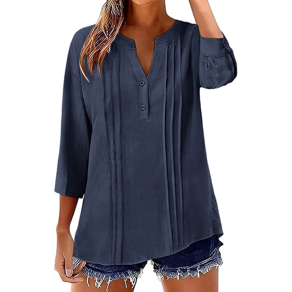 Women's 3/4 Sleeve Tops V Neck Button Down Shirts Casual Loose Imitation Cotton Linen Blouses Comfortable Solid TShirts Pullover Tops
