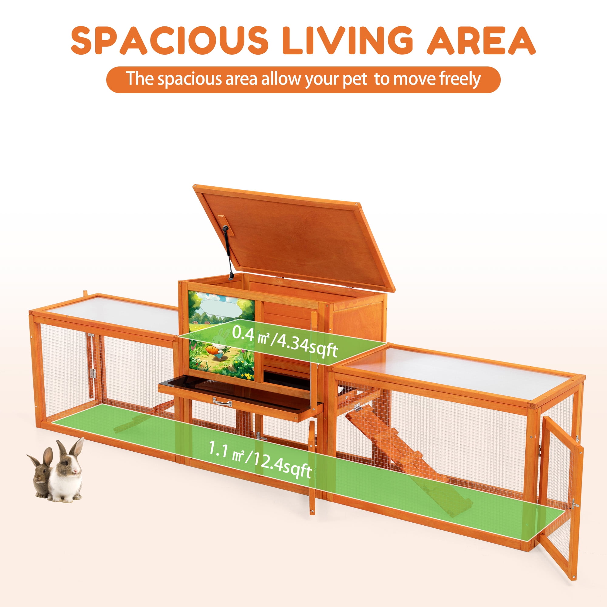 94'' Large Wood Rabbit Hutch Guinea Pig House 2-Tier Bunny Cage Chicken Coop Ramps Orange