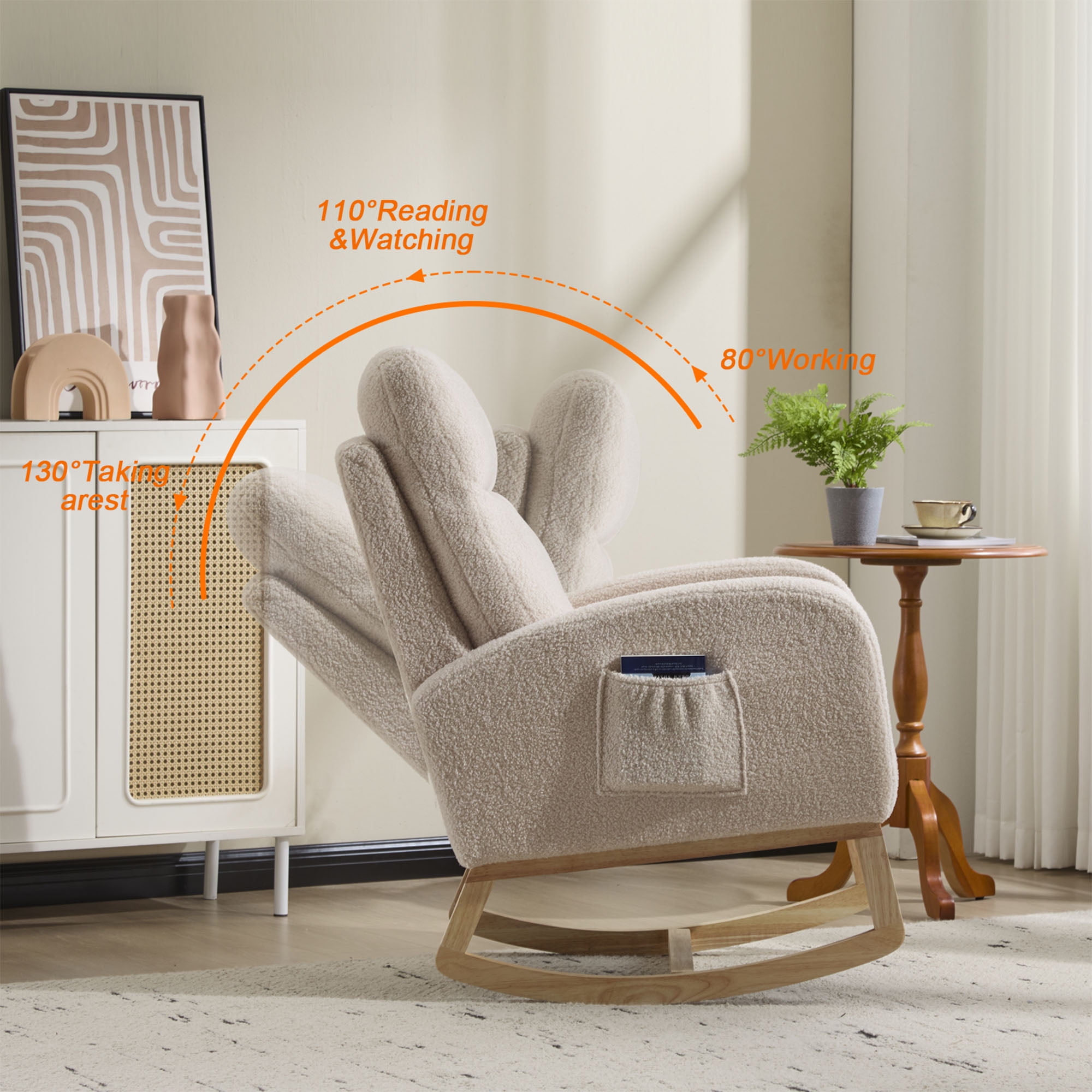 Modern Rocking Chair with High Back & Side Pocket, Nursery Glider Upholstered Armchair, 300 lbs Capacity