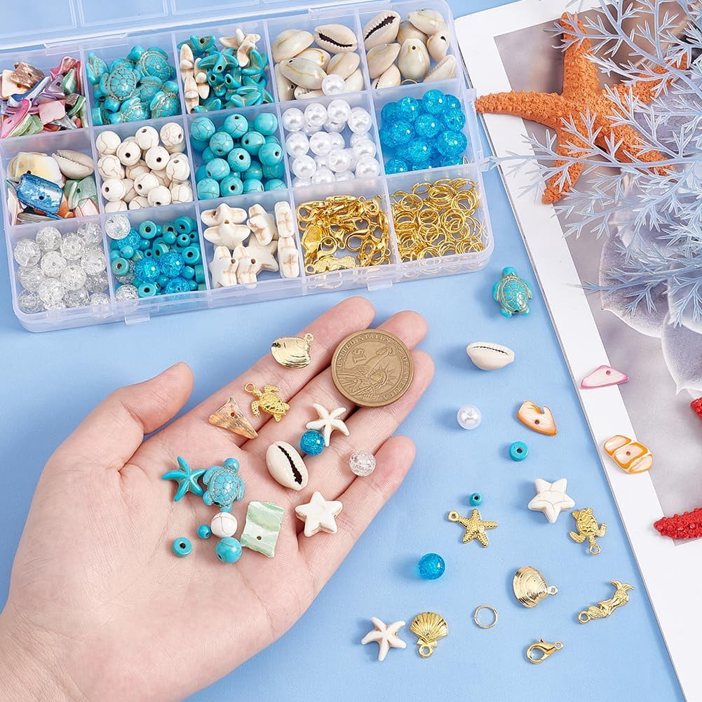 207pcs Starfish Shell Beads Ocean Jewelry Making 20g Seashells Synthetic Turquoise Beads Turtle Mermaid Charms Cowrie Shell Beads for Summer Beach Necklace Bracelet Anklet Jewelry Making