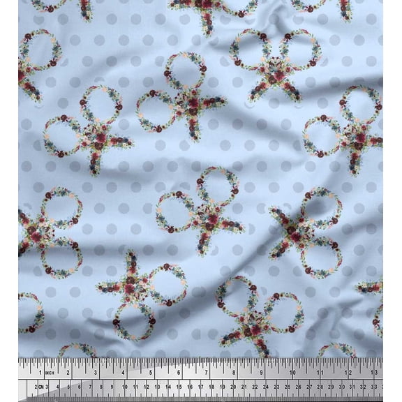 Soimoi Blue Silk Fabric Floral Scissor & Dots Decor Fabric Printed Yard 44 Inch Wide