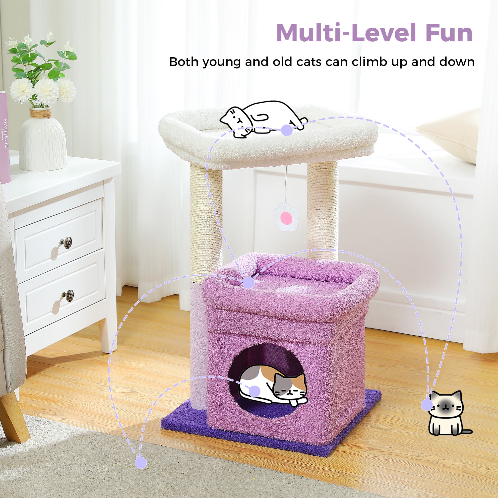 PAWZ Road Cat Tree Condo 27" Cat Tower with Large Top Perch and Scratching Posts for Kittens and Medium Cats, Purple