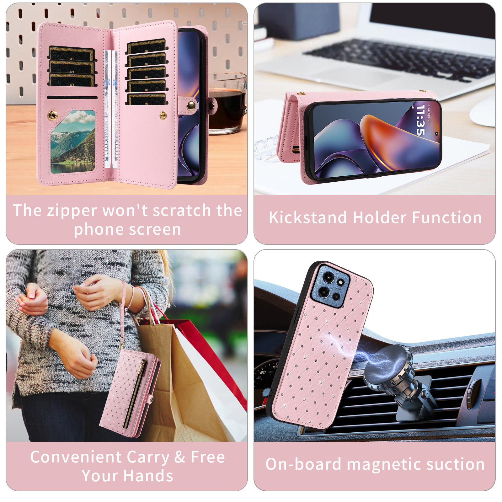 Asuwish Phone Case for Motorola Moto G 5G 2025 Zipper Wallet Detachable Cell Cover with Tempered Glass Screen Protector Crossbody Lanyard Strap Bling Glitter Flip Card Holder Slot G5G 5 G Women Pink