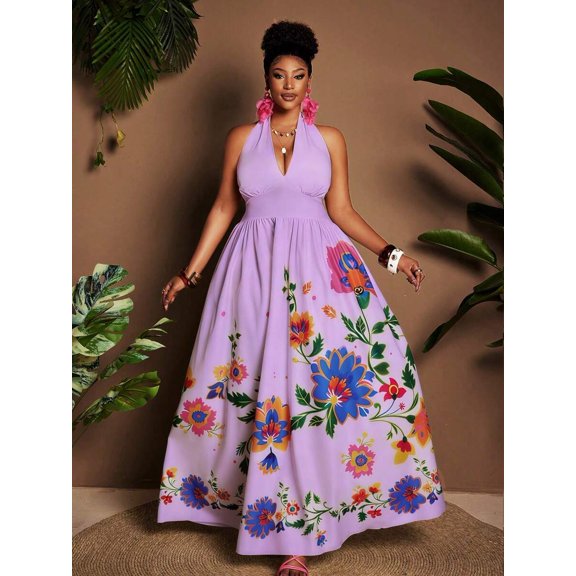 Plus Size Purple Floral Print Halter Deep V-Neck A-Line Maxi Dress