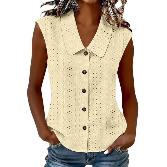 cocolona Summer Tank Tops for Women Lapel Sleeveless Hollow Out Button Shirts Trendy Casual Solid Color Blouses