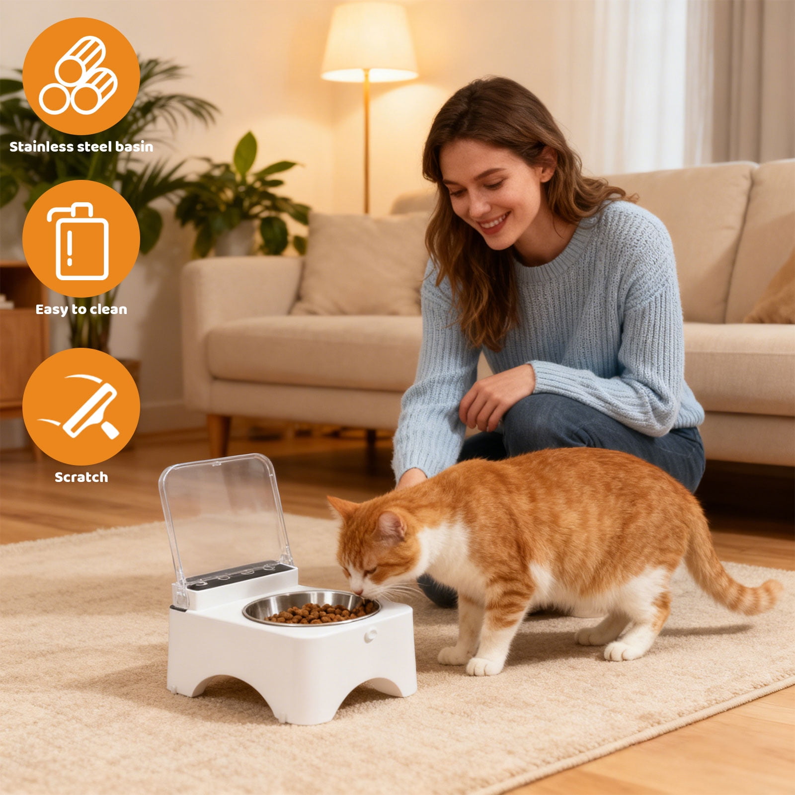 Automatic Cat Feeder Dog Feeder with Induction Timed Lid Freshness Preservation Stainless Steel Bowl for Indoor Cats Cat Food Bowl，As Show