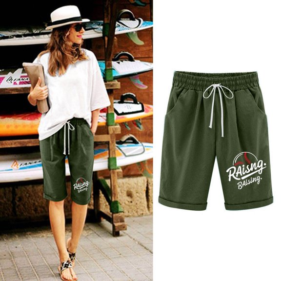 WIZUTIZ Womens Athletic Shorts Relaxed Wide Leg Sports Loose Shorts Mid Rise Floral Print Shorts Knee-Length with Pockets Rolled Hem Drawstring Trousers for Ladies Comfy Gym Green Linen
