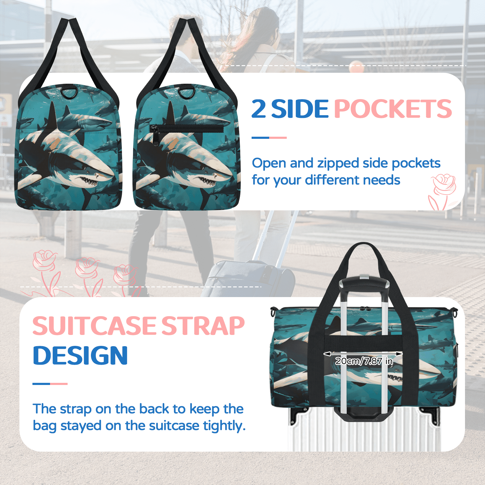 Herdesigns Shark Fish Gym Bag for Women, Duffle Bag for Travel Sport, Lightweight Waterproof Carry on Weekender Overnight Dance Yoga Workout Bags