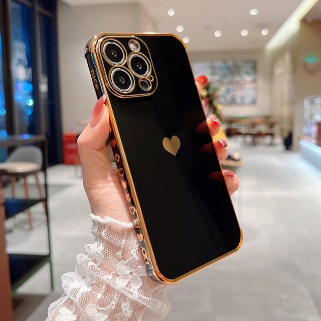 Funda de teléfono de lujo para iPhone 14, 11, 12, 13 Pro Max, X, XR, XS Max, 7, 8 Plus, corazón de amor galvanizado, patrón lateral lindo, funda de TPU suave