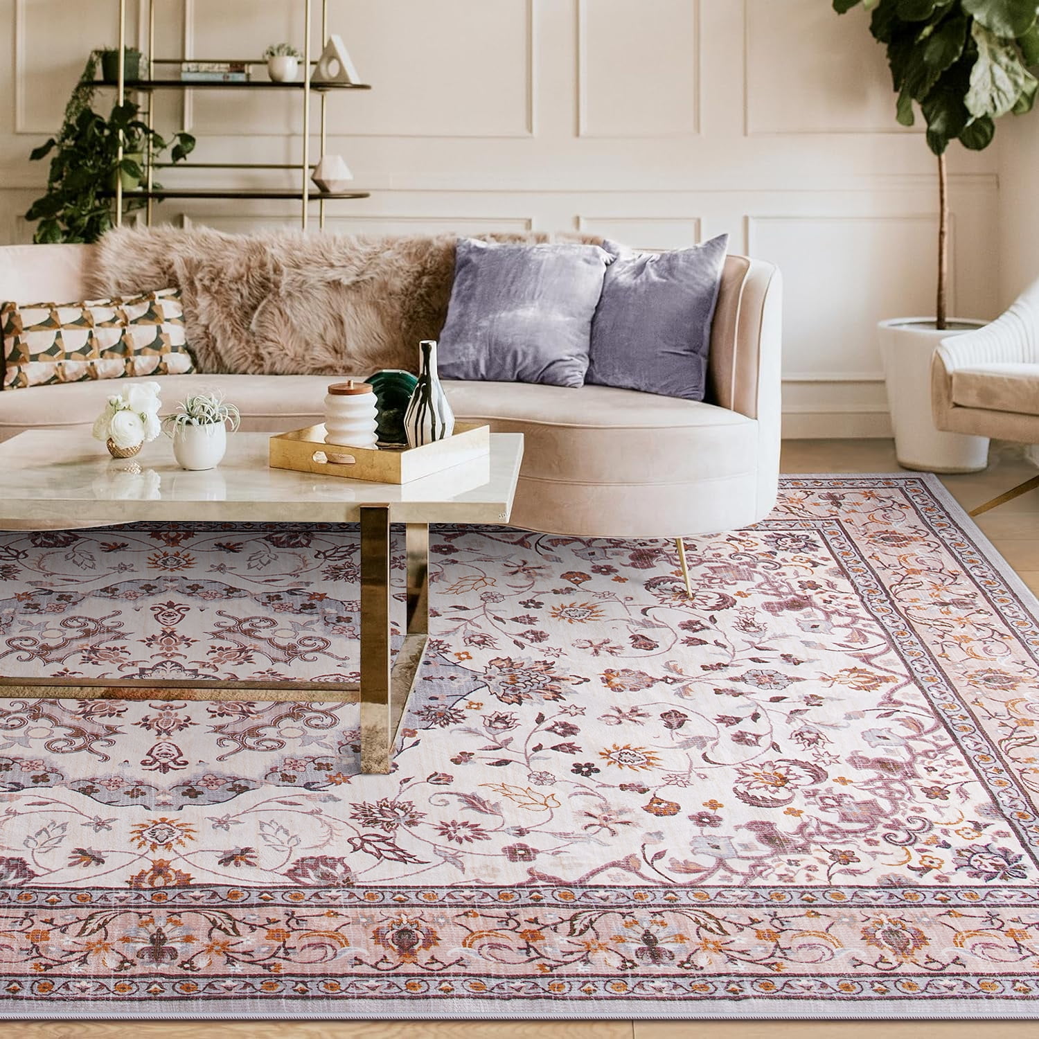 Jamfeel Area Rugs Vintage Floral Printed Washable Non-slip Carpets Foldable Thin Low Pile Rug for Living Room Bedroom 8'x10' Khaki