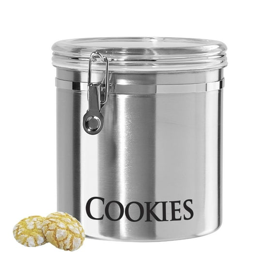 Oggi Airtight Clamp Canister Food Storage Container, 8-Inch-Cookies, Stainless, Clear Lid