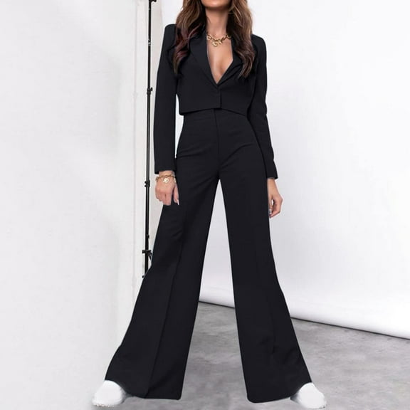 Meichang Women's 2 Piece Blazer Outfit Work Professional Solid Lapel Long Sleeve Slim Suit and Bell-bottom Pants Set