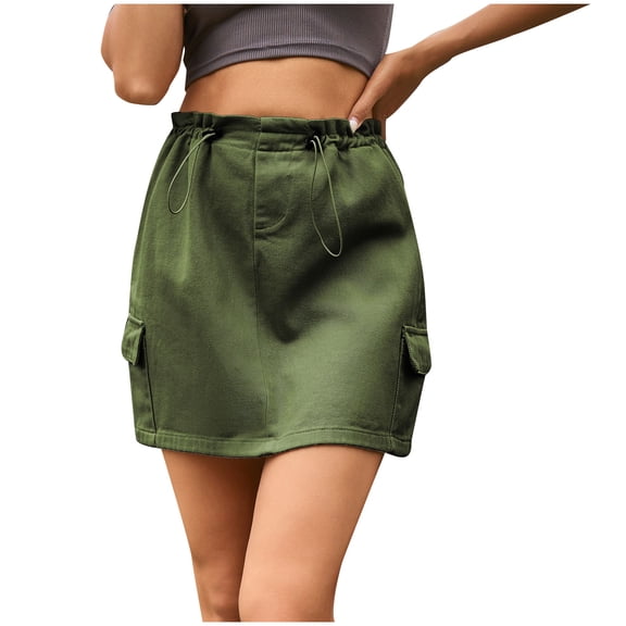 CHUMUD Womens Cargo Skirts High Waisted Stretchy Denim Skirt with Drawstring Casual Summer Short Skirts with Pockets