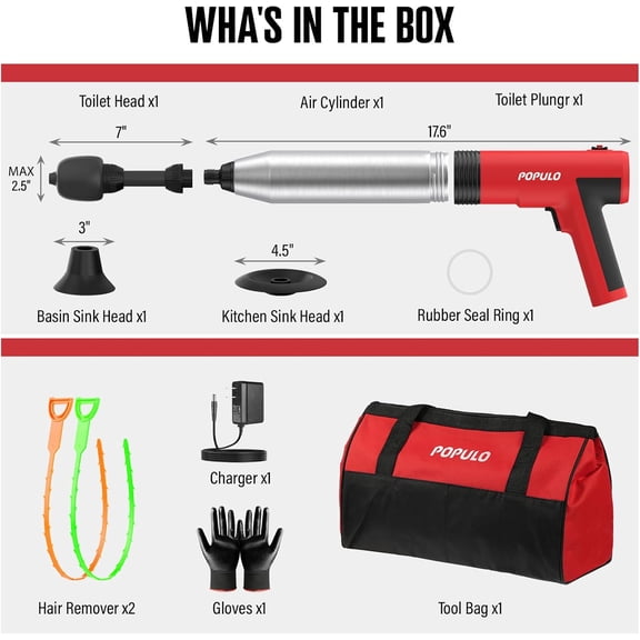POPULO Electric Toilet Plunger High Pressure Drain Unclogger Plungers for Bathroom, Floors, Shower Heavy Duty Versatile Home Toilet Clog Remover