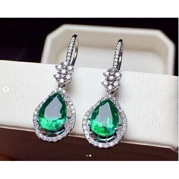 3Ct Pear Cut Natural Green Emerald Drop Dangle Earrings 14K White Gold Plated