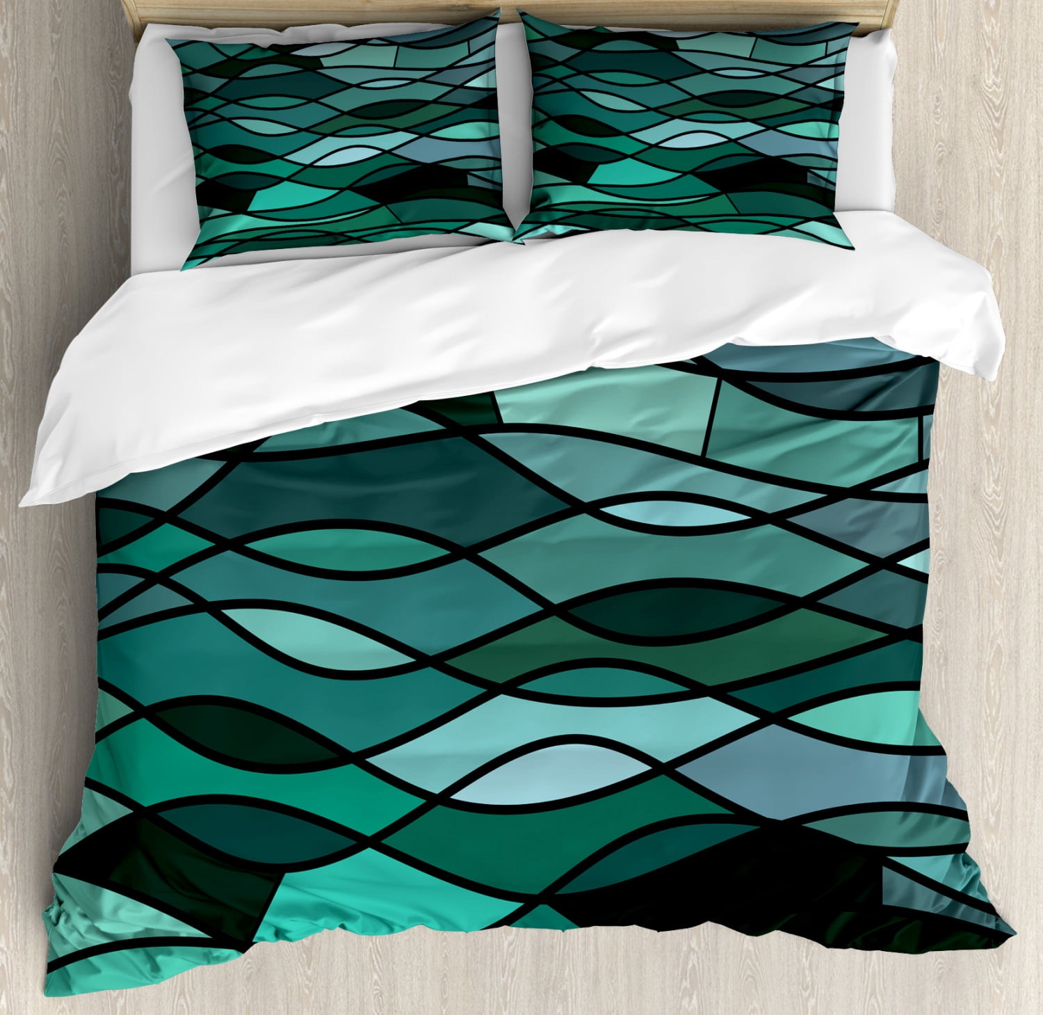 Teal Duvet Cover Set Abstract Mosaic Waves Ocean Inspired