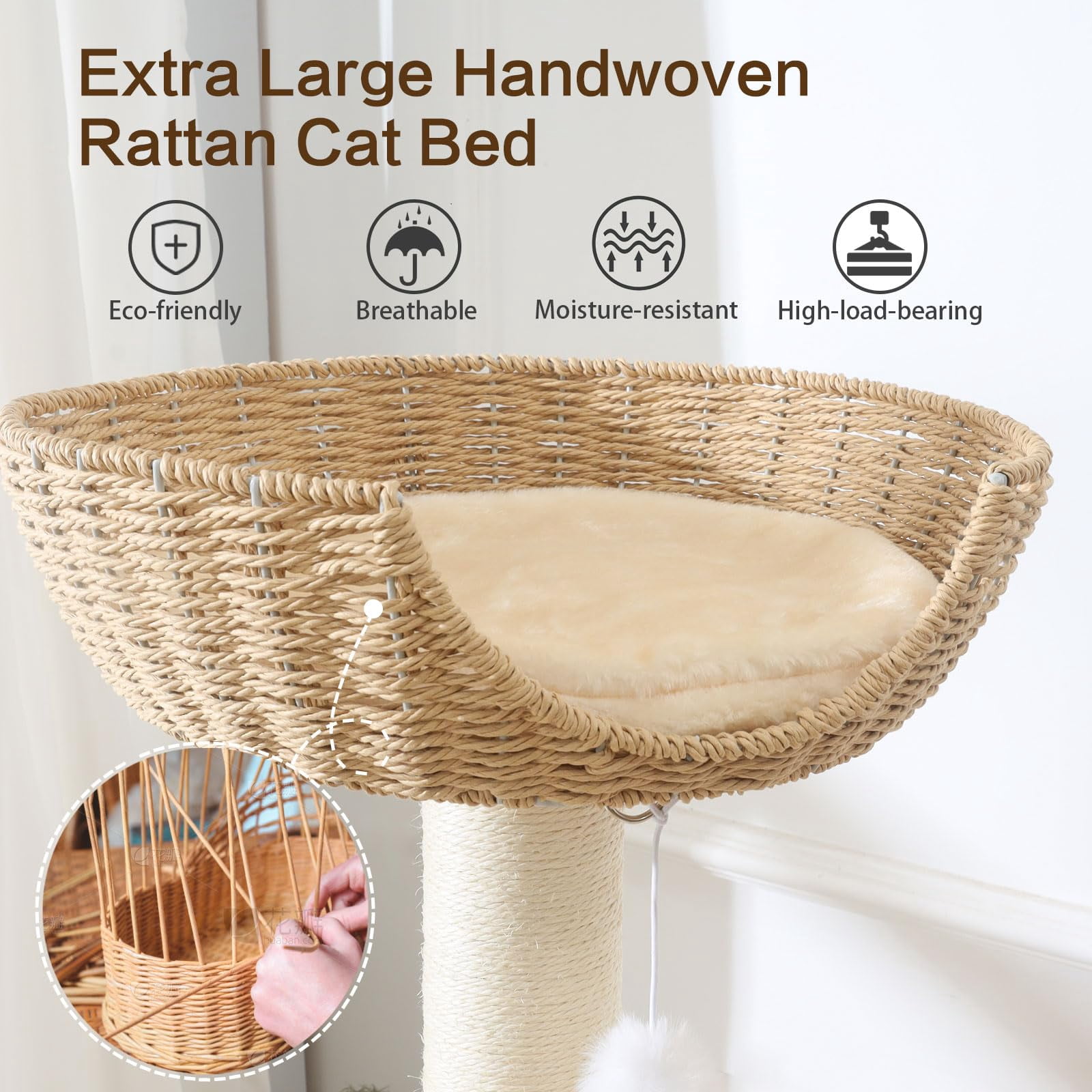 Wooden Cat Tree For Large  49.6in Tall Tower With Indoor Cats Multi-level Condo Hand-woven Bed And Board Easy To Clean