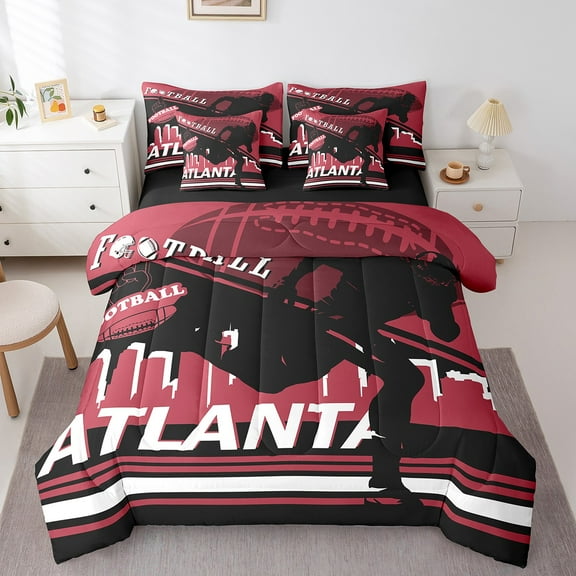 Erosebridal Atlanta Bedding Sets Twin Size,Football Sports City Silhouette Comforter Sets with Sheets,Red Stripes Bed in a Bag Twin Size For Boys,Stylish Bedroom Decoration Reversible,7-Piece