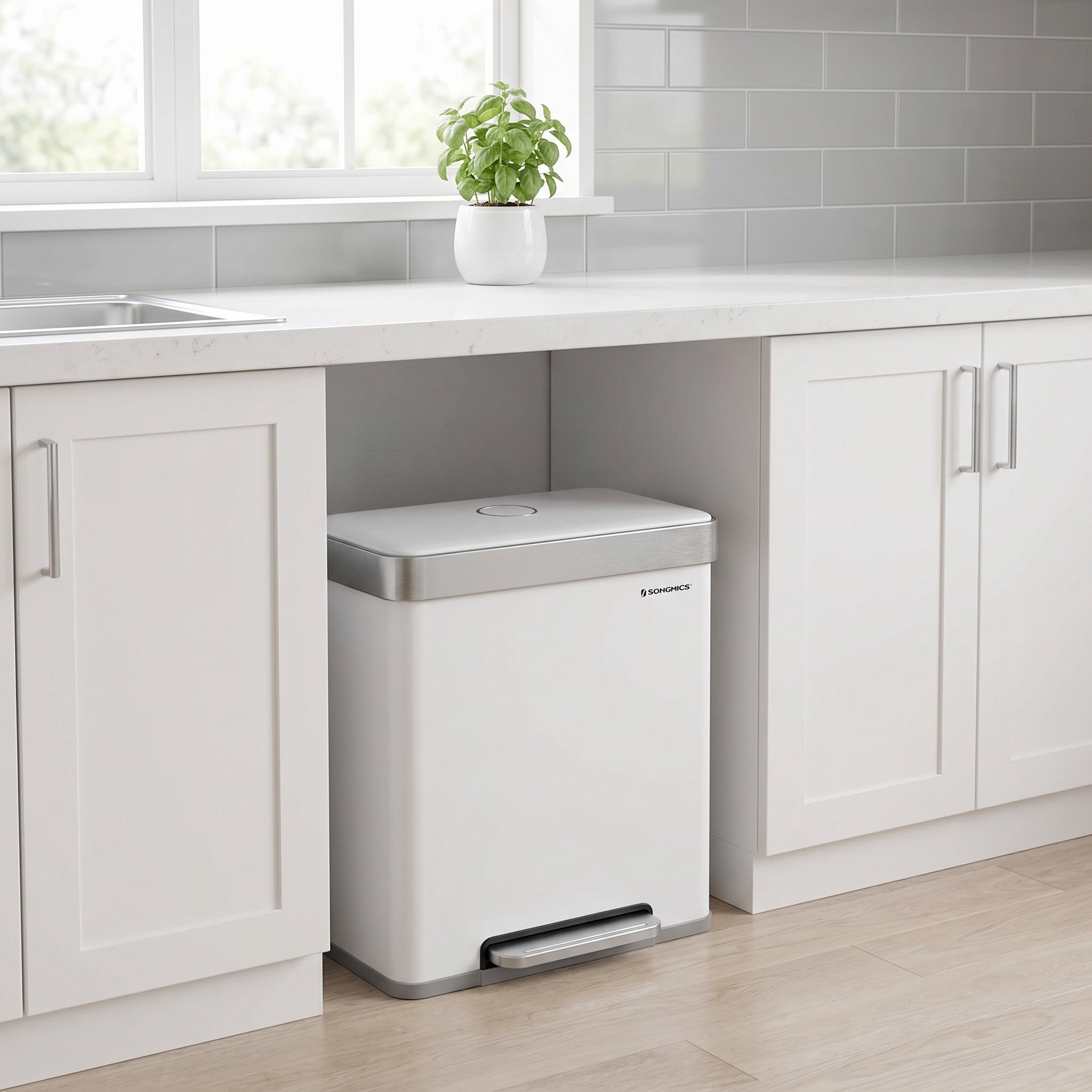 16 Gal. (2 x 8 Gal.) White Stainless Steel Dual Compartment Trash Can with Soft-Close Lid and Inner Buckets
