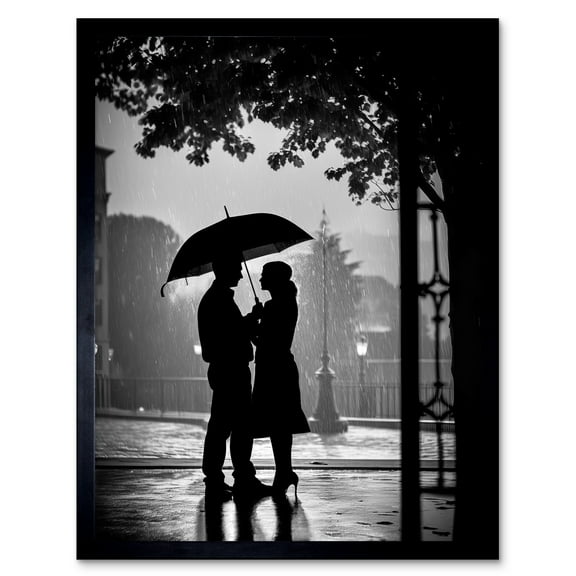 A Couple Under an Umbrella Black and White Photo Art Print Framed Poster Wall Decor 12x16 inch
