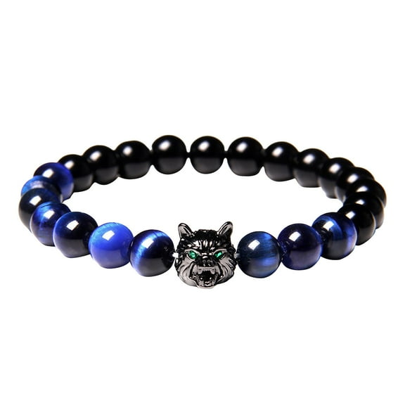 SUSHANG Wolf Bracelet Wolf Head Charm Amethyst Crystal Bracelet with Round Beads Natural Tiger Eye Bracelet Lava Beaded Bracelet