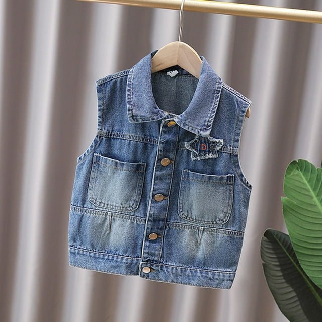 Chaqueta vaquera con capucha sin mangas y hombros descubiertos para niños, de poliéster, con solapa y hombros descubiertos, informal, versátil y a la moda.