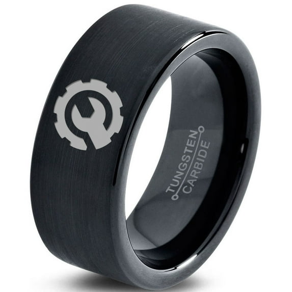 Tungsten Gear Mechanic Engineer Wrench Band Ring 9mm Men Women Comfort Fit Black Flat Cut Brushed Polished