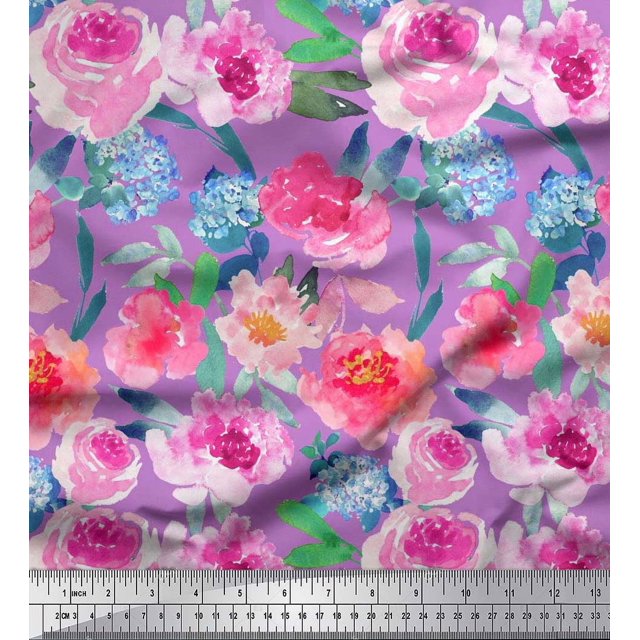 Soimoi Rayon Fabric Flower & Leaves Watercolor Decor Fabric Printed Yard 42 Inch Wide