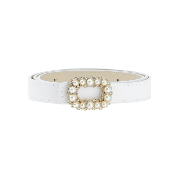 Cinturón delgado ajustable de PU de cuero con hebilla de perlas para mujeres INSPIRE CHIC, banda para pantalones de vestido blanca 40.2x0.7
