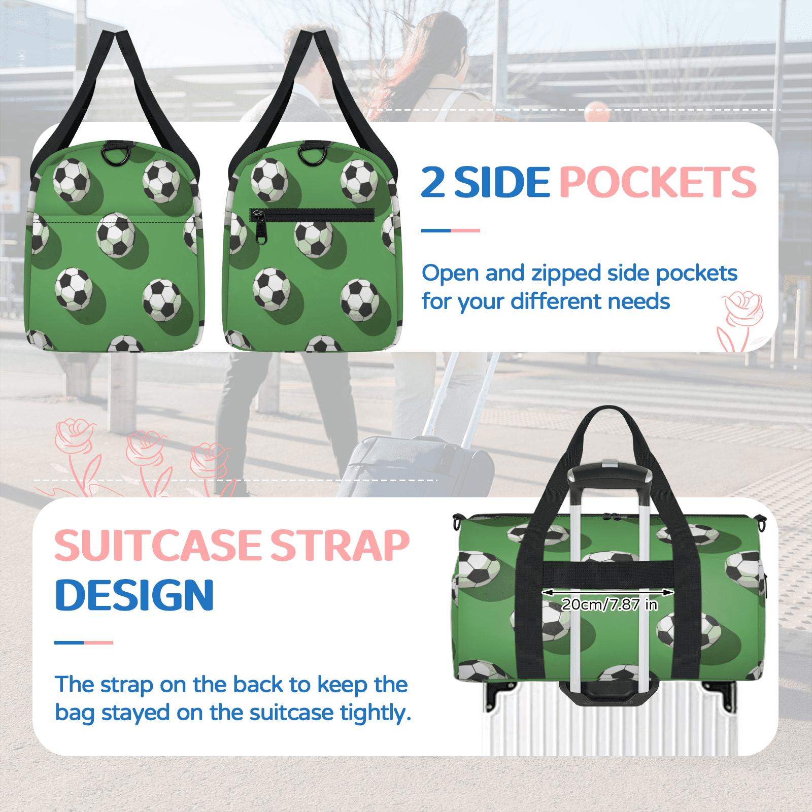Herdesigns Soccer Ball Travel Duffle Bag Sports Yoga Weekender Overnight Carry on Workout Bags Lightweight Waterproof Gym Tote Bag for Women