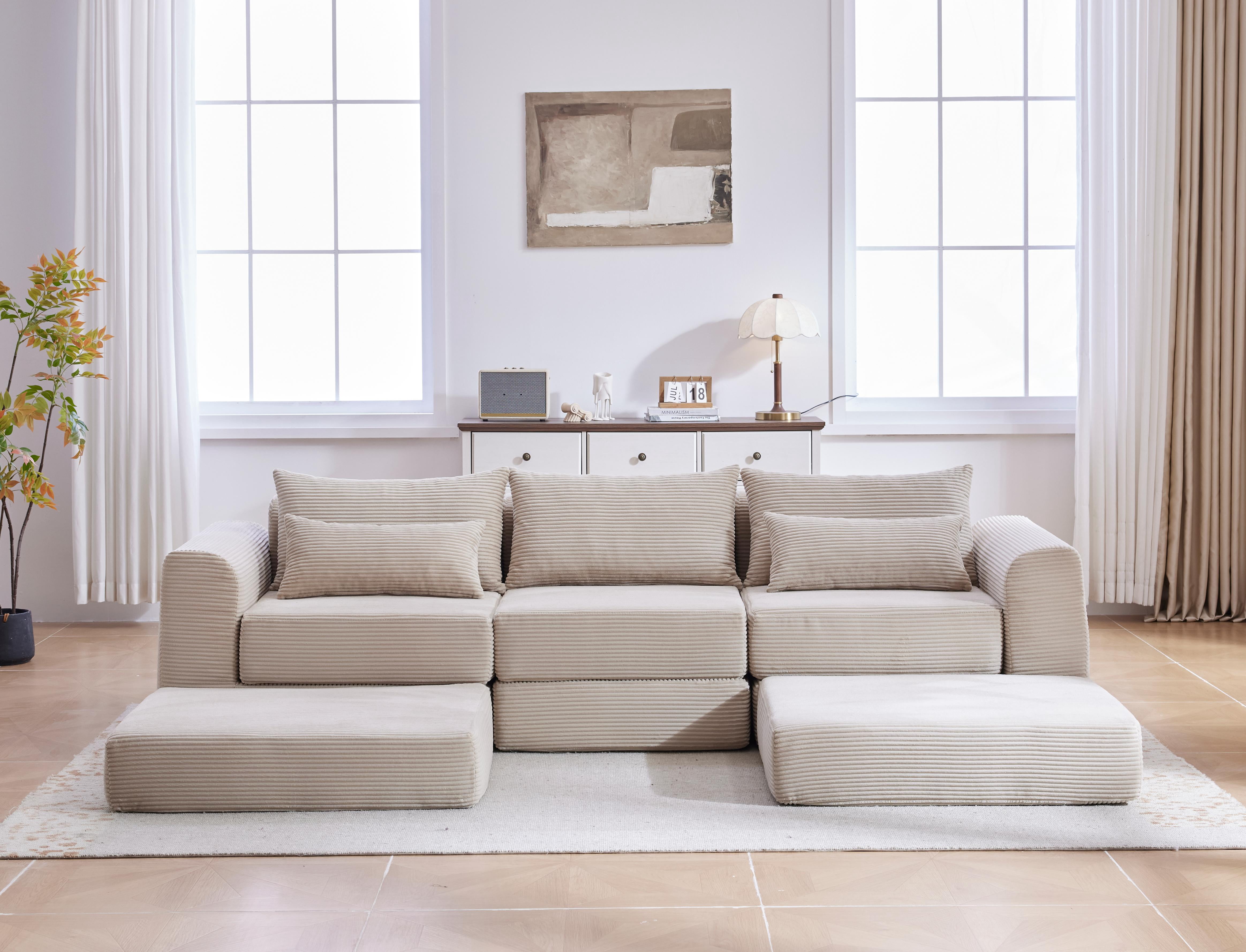 100-Inch L-Shaped Modular Sectional Sofa Couch Set with 5 Pillows, Corduroy Convertible Floor Sofa with High-Density Spring Foam for Living Room Apartment, Camel