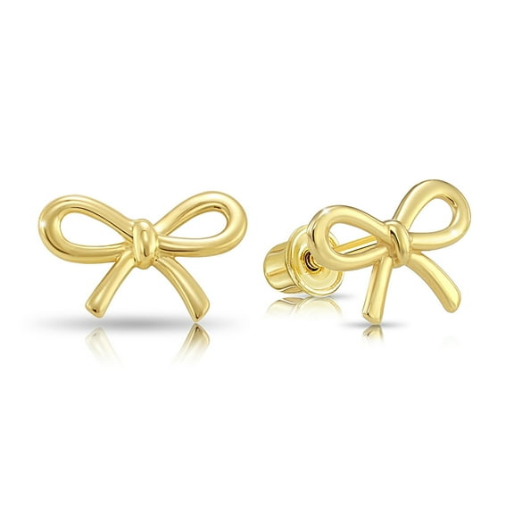 Tilo Jewelry 14K Yellow Gold Ribbon Bow Stud Post Earrings with Secure Screw-Backs | 6MM | Dainty Everyday Earrings for Women & Unisex