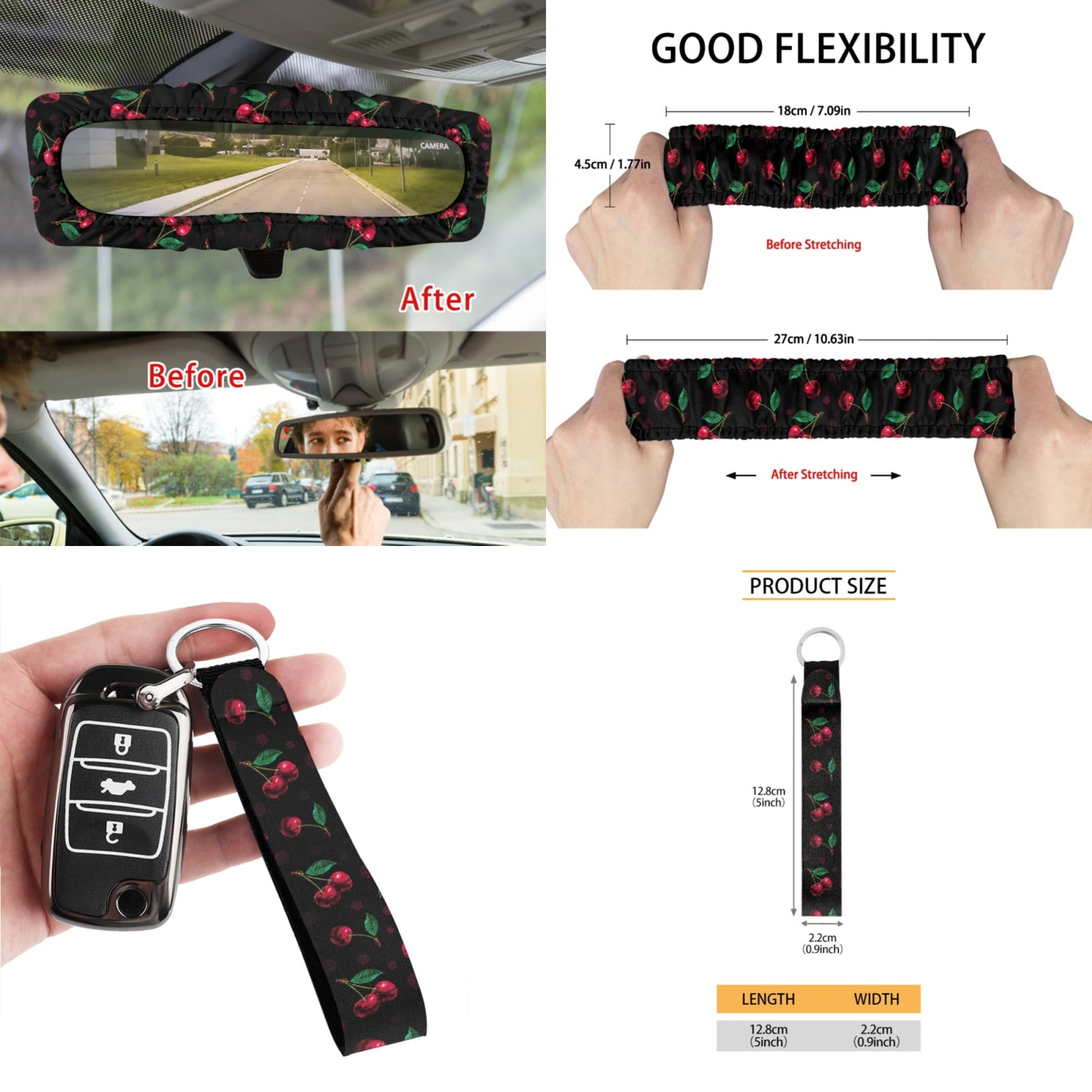 Renewold Cute Cherry Black 12 PCS Front Car Seat Cover Set with Steering Wheel Rear View Mirror Cover Seat Belt Strap Protector Armrest Box Mat Cup Holder Trash Bag Air Vent Storage Pocket Keychain